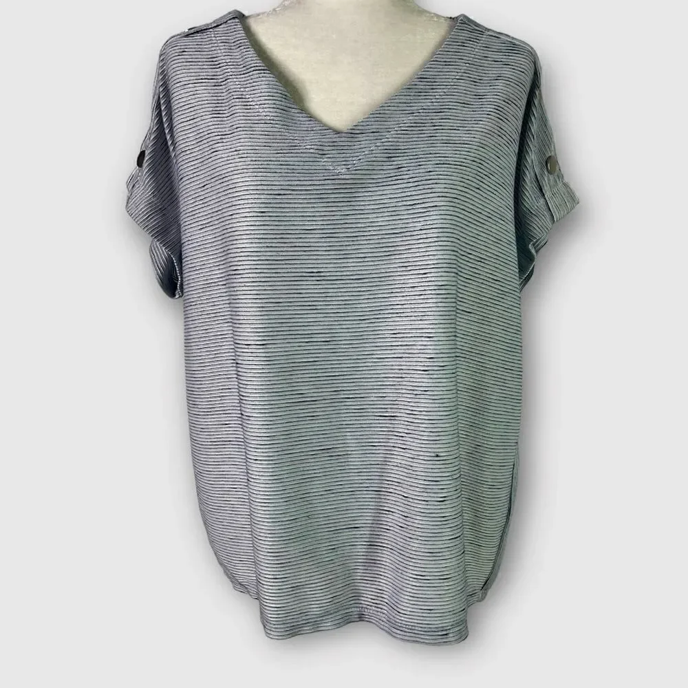 Jones New York Textured Stripe Button Short Sleeve Top - XL - Picture 2 of 8